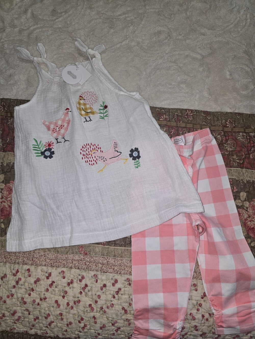 Mud Pie Embroidered Chicken Tank and Pink Gingham Pants Set